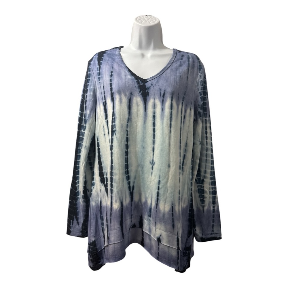 GREENTEA Ladies Long Sleeve V-Neck Blue Tie Dyed Top Size M